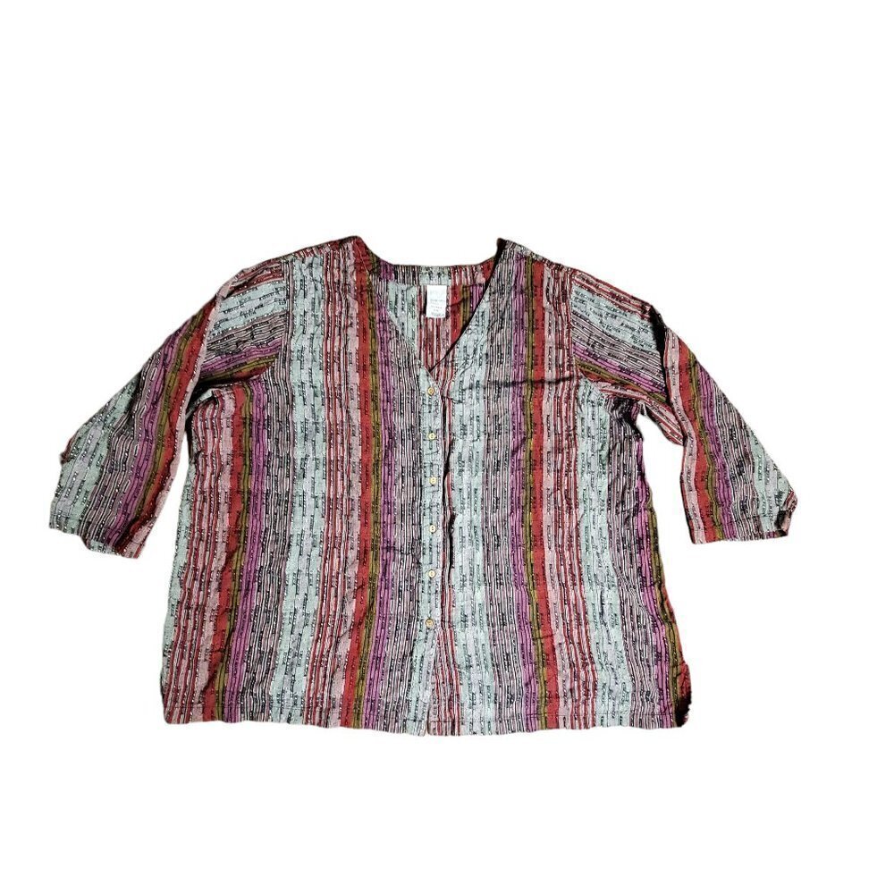 Roamans Womens Multicolor Striped V-Neck 3/4 Sleeve‎ Blouse Top 34W 100% Cotton